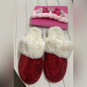 Bundle includes Cat & Jack Red and White Kids Slippers & Beauty Headband